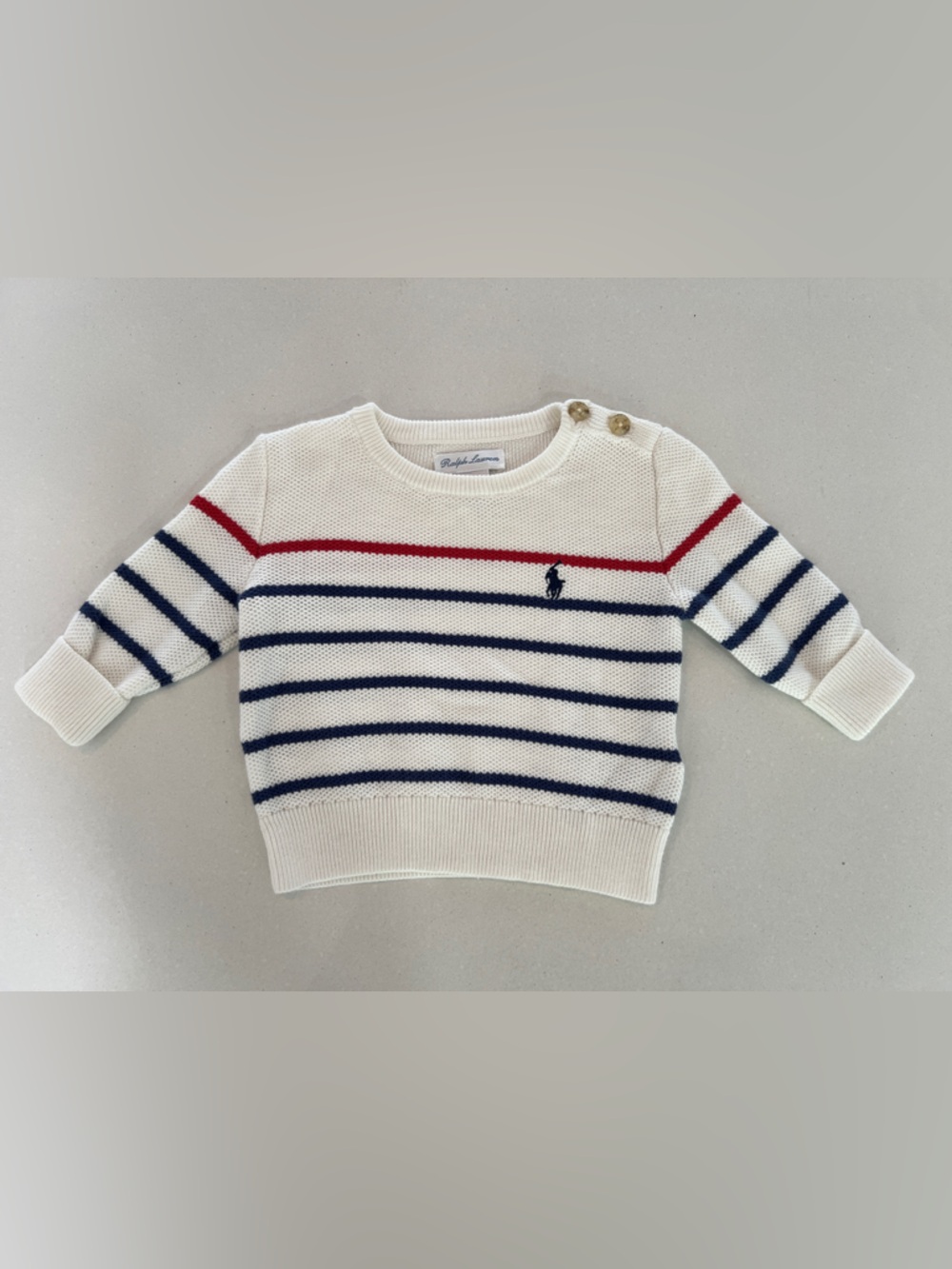 Ralph Lauren Cream Knit Baby Sweater with Navy & Red Stripes